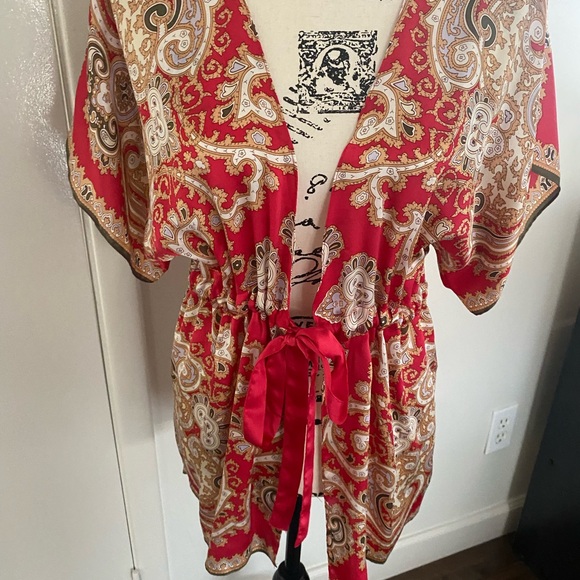 CAbi Red and Gold Short Sleeve Tie Front Blouse - Picture 1 of 6